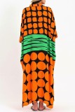 Robe longue orange à imprimé patchwork et col rond