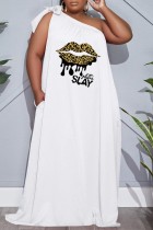 ホワイトカジュアルプリント小帯バックレス斜め襟ロングドレスプラスサイズのドレス