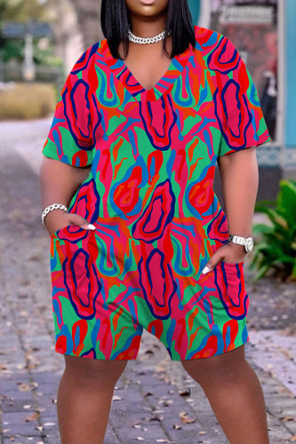 Rose Red Casual Street Print Patchwork V Neck Straight Rompers