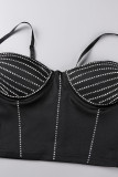 Black Sexy Party Solid Hot Drilling Tassel Sequined Spaghetti Strap Sleeveless Two Pieces