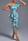 ブルー エレガント プリント パッチワーク フラウンス スリット 斜めカラー イブニングドレス ドレス