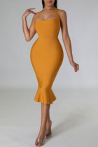 Yellow Sexy Solid Backless Halter Sleeveless Dress Dresses