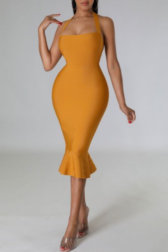 Yellow Sexy Solid Backless Halter Sleeveless Dress Dresses