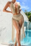 Khaki Sexy Solid Tassel Hollowed Out Backless Swimwears (Without Paddings)