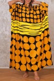 Oranje casual print patchwork O-hals lange jurkjurken