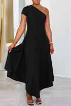 Zwart casual effen patchwork schuine kraag A-lijn jurken