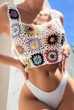 White Sexy Patchwork Hollowed Out See-through U Neck Tops