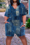 Dark Blue Casual Street Print Patchwork V Neck Straight Rompers