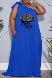 ブルー カジュアル プリント 小帯 バックレス オブリーク カラー ロング ドレス プラス サイズ ドレス