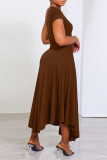 Bruin casual effen patchwork schuine kraag A-lijn jurken