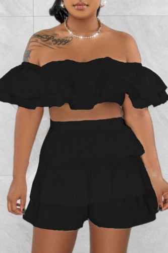 Black Sexy Casual Solid Patchwork Backless Off the Shoulder Short Sleeve Two Pieces