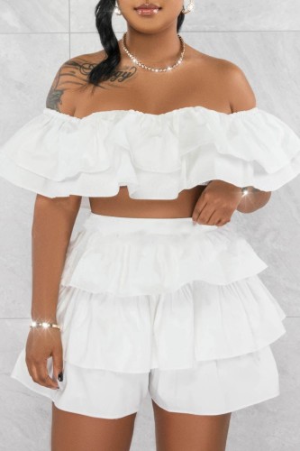White Sexy Casual Solid Patchwork Backless Off the Shoulder Short Sleeve Two Pieces