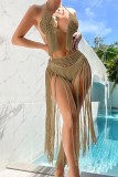 Apricot Sexy Solid Tassel Hollowed Out Backless Swimwears (Without Paddings)