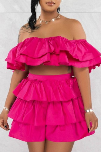 Rose Red Sexy Casual Solid Patchwork Backless Off the Shoulder Short Sleeve Two Pieces