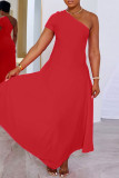 Rode casual effen patchwork schuine kraag A-lijn jurken