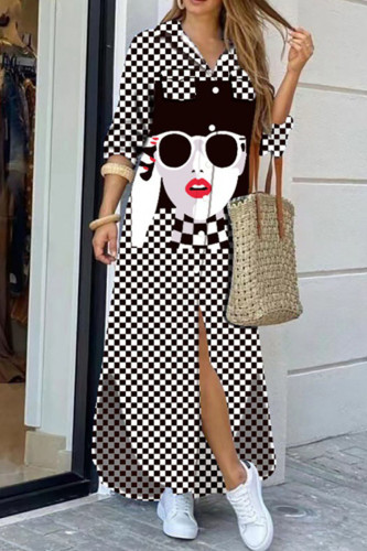 Black White Casual Street Print Patchwork Buckle Turndown Collar Shirt Dress Dresses