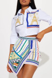 White Sexy Print Patchwork Buckle Asymmetrical Turndown Collar Short Sleeve Two Pieces