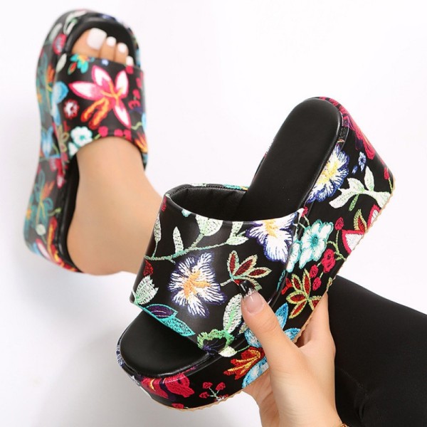 Black Patchwork Printing Round Out Door Wedges Shoes (Heel Height 2.36in)