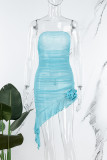 Blå Sexig Solid Patchwork Genomskinliga axelbandslösa oregelbundna klänningar
