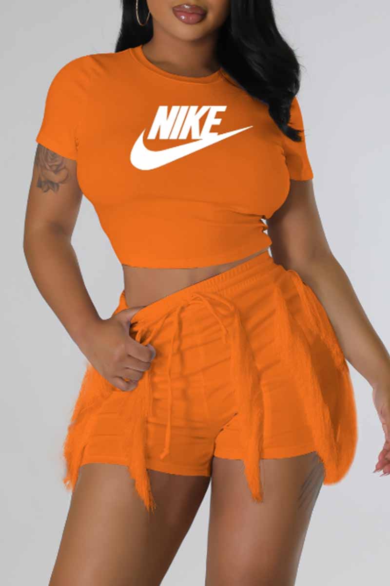 

Orange Casual Print Tassel Letter O Neck Short Sleeve Two Pieces