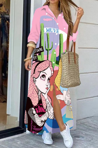 Pink Casual Street Print Patchwork Buckle Turndown Collar Shirt Dress Dresses
