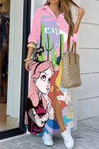 Розовое повседневное платье-рубашка с отложным воротником и пряжкой в ​​стиле пэчворк с уличным принтом Платья