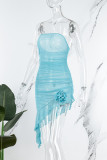 Blå Sexig Solid Patchwork Genomskinliga axelbandslösa oregelbundna klänningar