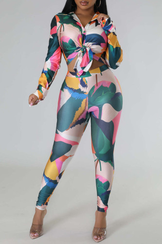 Multicolor Casual Print Bandage Patchwork Buckle Asymmetrical Turndown Collar Long Sleeve Two Pieces