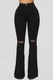 Schwarze, lässige, solide, zerrissene Boot-Cut-Denim-Jeans mit hoher Taille