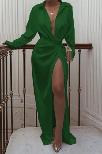 Vestiti lunghi dal vestito dal collare di turndown della fessura sexy verde della rappezzatura
