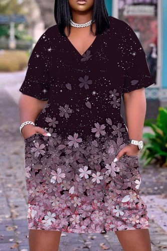 Black Casual Print Patchwork V Neck Short Sleeve Dress