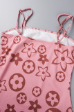 ピンクのセクシーなプリント パッチワーク ドロー ストリング スパゲッティ ストラップ ペンシル スカート ドレス