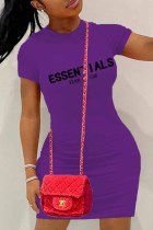 Purple Casual Print Letter O Neck One Step Skirt Dresses