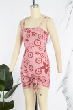 Rose Sexy Imprimer Patchwork Draw String Spaghetti Strap Robes Jupe Crayon