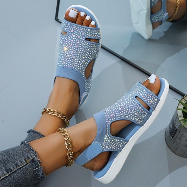 Chaussures confortables rondes en strass décontractées bleu clair