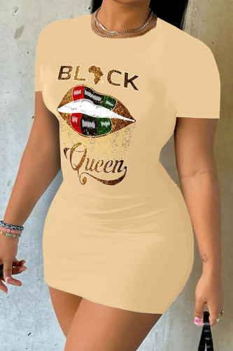 Khaki Casual Street Print Patchwork O Neck One Step Skirt Dresses