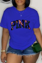 Blue Casual Letter Print Basic O Neck T-Shirts