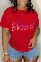 Red Casual Letter Print Basic O Neck T-Shirts