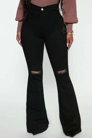 Black Casual Solid Ripped High Waist Boot Cut Denim Jeans