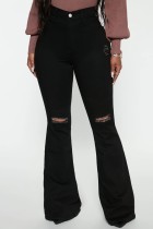 Zwarte casual effen gescheurde hoge taille boot-cut denim jeans
