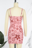 Розовый сексуальный принт пэчворк Draw String Спагетти ремень юбка-карандаш платья
