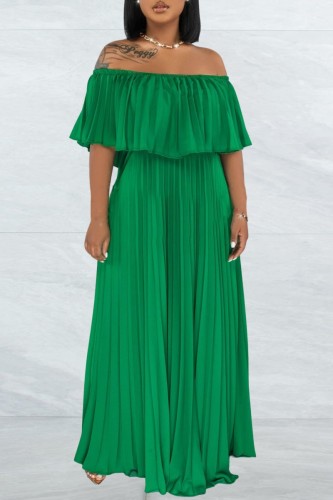 Зеленое повседневное однотонное длинное платье в стиле пэчворк с открытыми плечами Платья