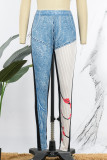 Pantaloni skinny stampati a matita a vita alta con stampa patchwork blu casual