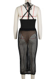 Black Sexy Solid Hollowed Out Patchwork Spaghetti Strap Sleeveless Two Pieces