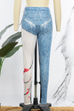 Blue Casual Print Patchwork Skinny High Waist Pencil Full Print Trousers