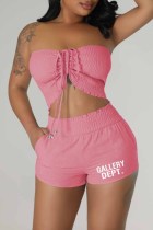 Pink Sexy Street Print Draw String Letter Strapless Sleeveless Two Pieces
