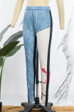 Pantaloni skinny stampati a matita a vita alta con stampa patchwork blu casual