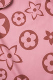 ピンクのセクシーなプリント パッチワーク ドロー ストリング スパゲッティ ストラップ ペンシル スカート ドレス