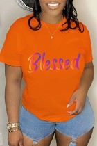 Orange lässiger Buchstabedruck Basic T-Shirts mit O-Ausschnitt