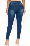 Jeans in denim regolari a vita alta strappati casual blu scuro